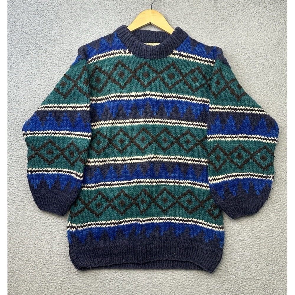 Vtg 90s Woolies Ecuador Wool Sweater Women M Chunky Hand Knit Geometric Tribal